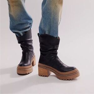 Free People Mel Slouch Boot Womens 6.5 Black Shoes‎ Chunky Platform Leather
